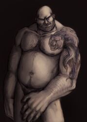 arm_hair bald bara bara_tits barazoku chest_hair chubby_male covering_crotch furball891 heavy_weapons_guy male male_only nipples nude smirk strongfat tattooed_arm team_fortress_2