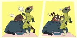 absurd_res animal_humanoid anthro big_breasts bigbun_3 bodily_fluids bowl breast_rest breasts brown_body brown_fur buckteeth cereal closed_eyes clothing container cum cum_in_mouth cum_inside cum_on_face drooling drowsy duo ear_grab felid felid_humanoid feline feline_humanoid female food fur gas_mask genital_fluids genitals gloves handwear heart_eyes heart_symbol hi_res holding_partner humanoid jumpsuit lagomorph leporid male male/female mammal mammal_humanoid mask penis penis_on_face rabbit saliva speech_bubble standing_on_table surprised_expression teeth tired
