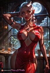 ai_generated baldur's_gate baldur's_gate_3 bar bimbo bimbo_body bimbo_lips bimbofication bimbofied black_eyeshadow bolt_on_tits cleavage elf_ears eye_shadow fake_breasts fishnet_sleeves fishnets green_eyes hair_ornament makeup manofmidas mascara ponytail red_dress red_lipstick selune_shadowheart shadowheart sleeves white white_hair