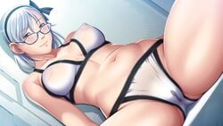 areolae blush bra breasts closed_game female game_cg glasses highres large_breasts legs looking_at_viewer marielle_clemens mound_of_venus navel nipples panties red_eyes see-through sei_shoujo short_hair sitting smile solo spread_legs tears thighs underwear wet white_hair