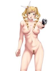 areolae blonde_hair blush breasts celine_verxina censored closed_game drill_hair female game_cg green_eyes gun highres large_breasts legs long_hair looking_at_viewer mosaic_censoring navel nipples nude nude_female open_mouth pubic_hair pussy sei_shoujo serious simple_background standing tattoo thighs tied_hair transparent_background twintails weapon