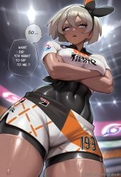1girls abs ai_generated bea_(pokemon) black_bodysuit black_hairband bodysuit bodysuit_under_clothes breasts covered_navel crossed_arms dark-skinned_female dark_skin english_text female from_below grey_eyes grey_hair hair_between_eyes hairband looking_at_viewer muscular muscular_female open_mouth patreon_username pokemon print_shirt print_shorts shirt short_hair short_sleeves shorts solo speech_bubble sweat thighs web_address