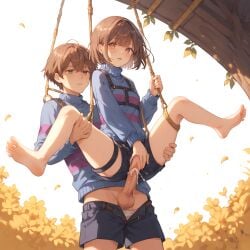 ai ai_generated anime anime_style bare_legs barefoot blue_sweater blush brown_hair bsdm close-up daytime detailed_background dynamic_pose erotichris female female frisk high_quality intimate outdoors playful purple_stripes rope rope_bondage semi-realistic shorts suggestive sunlight swinging_breasts two_boys yellow_flowers