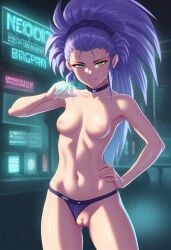 1girls ai_generated breasts civitai collar confident_female confidently_naked cyberpunk cyberpunk_girl female female_focus female_only green_eyes hand_on_hip light_purple_hair neon neon_hair neon_lights neon_sign petite purple_hair pussy realistic_breast_size self_upload smirk solar3 tenchi_muyo! thong thong_aside toned toned_body toned_female topless topless_female washu_hakubi