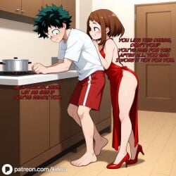 1boy 1girls ai_generated bare_shoulders boku_no_hero_academia brown_hair cuckold cuckolding curly_hair deku embarrassed english_text female femdom femdom_caption findom freckles green_eyes green_hair horny izuku_midoriya kitina light-skinned_female light-skinned_male light_skin midoriya_izuku my_hero_academia ntr ochako_uraraka red_dress revealing_clothes short_hair shorts smiling tagme teasing text uraraka_ochako white_shirt