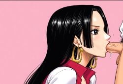 ai ai_generated anime attractive black_hair blowjob boa_hancock close-up deep_blowjob deepthroat detailed_background earrings erection fellatio female female gold_earrings japanese_text long_hair medium_breasts nami_(one_piece) one_piece oral penis pink_background red_vest saliva side_profile sucking sucking_penis white_shirt