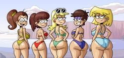 5girls absurd_res ass ass_focus beach_background bikini blonde_hair brown_hair freckled_skin freckles_on_ass grinning hi_res leni_loud looking_back looking_back_at_viewer lori_loud luan_loud luna_loud lynn_loud max1mus nickelodeon smiling the_loud_house thick_thighs wide_hips