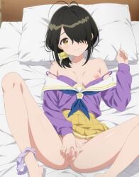 absurdres antenna_hair bare_shoulders barefoot black_hair blue_neckerchief bra bra_pull breasts censored clothes_pull commentary_request female furrowed_brow hair_ornament hair_over_one_eye hair_scrunchie hand_up highres long_sleeves looking_at_viewer lying m_legs medium_breasts medium_hair mosaic_censoring neckerchief nipples on_back on_bed paid_reward_available panties_around_one_ankle pillow pleated_skirt presenting_pussy purple_bra purple_shirt pussy rikka_(rikkaarts) sailor_collar scrunchie shirt shirt_pull shiunji-ke_no_kodomotachi shiunji_kotono skirt smile solo spread_legs spread_pussy spreading_own_pussy underwear white_sailor_collar yellow_eyes yellow_scrunchie yellow_skirt