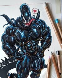 abs alien alien_(franchise) balls barazoku biceps genitals heart_symbol hi_res male marvel mrkun nipple_piercing nipple_ring nipples pecs pencil penis piercing ring_piercing solo spiked_penis spikes spikes_(anatomy) standing tail teeth tongue tongue_out traditional_media_(artwork) venom venom_(marvel) xenomorph