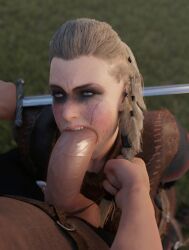 1boy 1girls 3:4 assassin's_creed_(series) blonde_hair blowjob blue_eyes eivor_varinsdottir fellatio female light-skinned_female light-skinned_male light_skin male rape shorter_than_10_seconds straight sword tagme vertical_video video viking viking_female