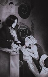 1boy 1girls adult_and_teenager age_difference akatsuki_(naruto) bandages black_and_white black_hair blowjob blush bottomless bottomless_male brother_in_law_and_sister_in_law cheating cheating_girlfriend clothed_sex clothing coat cock_worship colored_eyes crop_top elbow_pads fellatio female green_eyes hairband hand_on_head head_pat headband high_collar highres kneeling konohagakure_symbol male midriff monochrome nail_polish narusakuart naruto naruto:_the_last naruto_(series) naruto_shippuden netorare older_male on_knees partially_colored penis penis_in_mouth ponytail ring sakura_haruno saliva sex short_hair shorts sitting sleeveless sleeveless_shirt straight sucking sucking_penis throne toned toned_male uchiha_itachi uchiha_symbol uncensored worship younger_female