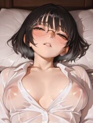 ai_generated bangs black_hair blush blushing_lines breasts_apart brown_eyes eyebrows_visible_through_hair glossy_lips half-closed_eyes horny_face indoors looking_at_viewer lying_on_back lying_on_bed medium_breasts nipples original_character parted_lips plopendil round_glasses see-through_clothing straight_hair sweat thin_eyebrows white_shirt