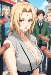 ai ai_generated anime bleach blonde_hair blue_sky brown_hair buildings bukkake business_attire city_background cleavage cum day ejaculation female female gang_bang gangbang group hentai ichigo_kurosaki large_breasts long_hair nipples_visible_through_clothing public suggestive tsunade