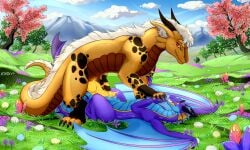 balls blush bodily_fluids detailed_background digital_media_(artwork) dragon duo durza easter easter_egg erection female female/female feral genital_fluids genitals hair hi_res holidays horn komu love male mythological_creature mythological_scalie mythology nipples nude penis scalie sex tail tongue vulva wings z0ri0n