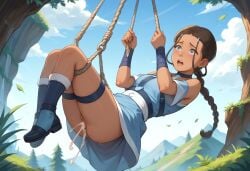 ai ai_generated anime blue_dress blue_eyes blue_sky boots braid brown_hair bsdm clouds cum day detailed_background dripping fantasy female female forest girly katara leaves light_skin medium_shot mountains orgasm outdoors rope rope_bondage shocked_expression solo summer swinging_breasts vibrant_colors