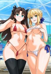 2girls :d absurdres artoria_pendragon bikini black_bow black_hair black_thighhighs blonde_hair blue_eyes blue_ribbon blush bow braid breasts cleavage collarbone crown_braid fate/stay_night fate_(series) green_eyes hair_ribbon hairbow haruhisky highres long_hair looking_at_viewer medium_breasts multiple_girls navel red_bikini ribbon saber side-tie_bikini_bottom sidelocks smile standing stomach swimsuit thighhighs thighs tohsaka_rin two_side_up underboob very_long_hair white_bikini