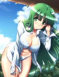 1girls adjusting_hair blush bow bow_bra bow_panties bra breasts cleavage cloud cowboy_shot female female_only frog_clip frog_hair_ornament green_eyes green_hair hair_ornament hair_tubes high_resolution kezune_(i-_-i) large_breasts leaning_forward lingerie long_hair looking_at_viewer navel no_pants open_clothes open_shirt panties sanae_kochiya shirt sky smile snake_hair_ornament solo touhou underwear very_long_hair white_bra white_panties