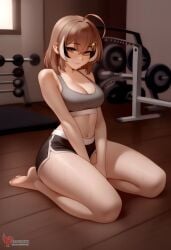 1girls 2d ai_generated ass barefeet big_ass breasts brown_hair erophoenix feet female female_focus full_body gym hairclip hololive hololive_english hololive_english_-council- hololive_english_-promise- indoors looking_at_viewer medium_breasts nanashi_mumei navel patreon_username short_shorts shorts solo solo_female sports_bra sweat thick thick_thighs toes uncensored virtual_youtuber vtuber