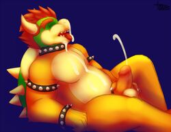 1boy blue_background bowser closed_eyes cum cum_on_face erection lying male male_only mario_(series) masturbation nintendo orgasm penis plain_background smile solo torias