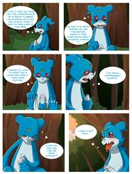 blush bulge comic crossover dialogue digimon erection forest male male_only masturbation oriont text tongue tree vee_stitch veemon