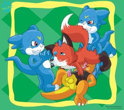 2007 anthro buggery charmander color crossover digimon fellatio furry interspecies male male_only multiple_males nintendo no_humans oral pokémon_(species) pokemon raukue teeth veemon yaoi