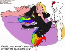 3girls anthro bed cassie_(dragon_tales) crossover dragon_tales english_text fan_character female female_only furry half-closed_eyes hello_kitty hello_kitty_(character) hello_kitty_(series) kitty_white my_little_pony on_back sanrio smile straight_hair strap-on text what white_background