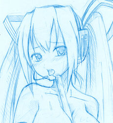 breasts hatsune_miku lowres monochrome nude pochi_(pochi-goya) saliva sketch tied_hair twintails vocaloid