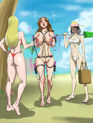 ass beach bikini black_hair blonde_hair bondage brown_hair censored egg_vibrator female femdom femsub humiliation lips multiple_girls nipple_vibrator open_toe_shoes papermania public pussy red_toenails remote_control_vibrator restrained swimsuit vibrator vibrator_on_nipple yuri