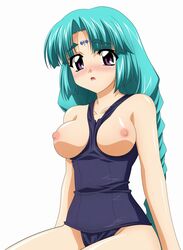 1girls between_breasts blue_eyes blush breasts canal_vorfeed clothes_between_breasts female highres lost_universe nipples one-piece_swimsuit school_swimsuit solo sugimura_tomokazu swimsuit