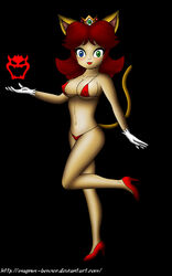 1girls bikini blue_eye blush breasts brown_hair cat cat_ears cat_eye cat_tail cleavage crown eyeshadow female female_only gloves green_eye heels high_heels looking_at_viewer magnus-bowser mario_(series) nintendo nipples_visible_through_clothing one_leg_up open_mouth princess_daisy red_bikini shoulder_length_hair solo straight_hair tagme thick thick_thighs thighs thong_bikini wide_hips