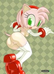 amy_rose anthro ass exposed_torso female female_only footwear fur green_eyes greenhand handwear hedgehog nude pussy sega solo sonic_(series) straight_hair tagme thighhighs uncensored