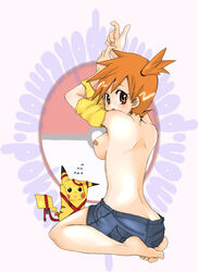 1girls ass ass_cleavage back bandaid barefoot breasts butt_crack feet female human human_only kamiya_zuzu kasumi_(pokemon) nintendo orange_hair pikachu pokemon sideboob soles solo toes