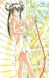 1girls 90s breasts brown_hair curvaceous devil_hunter_yohko dress edit female hair_rings human large_breasts light-skinned_female light_skin long_hair looking_at_viewer miyao_gaku nude_filter official_art outdoors solo tagme yohko_mano