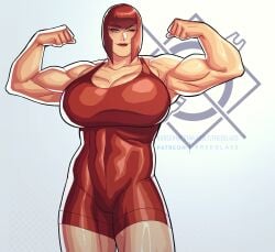 1girls abs bangs biceps bob_cut breasts brown_hair cleavage clothing dress female female_only flexing flexing_bicep freeglass front_view green_eyes huge_breasts large_breasts lipstick looking_at_viewer makeup marisa_rossetti muscle muscular muscular_female one_eye_closed red_dress red_hair red_head short_hair smile solo sportswear street_fighter street_fighter_6 thick_thighs thighs thunder_thighs wide_hips wink