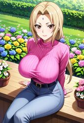 ai_generated belt big_breasts blonde_hair brown_eyes civitai flowers forehead_mark jeans knitted_sweater large_breasts looking_at_viewer mommy naruto naruto_(series) naruto_shippuden ponytail sitting sweater tsunade