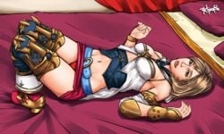 ashelia_b'nargin_dalmasca belly belt beltskirt blonde_hair blue_belt blue_eyes boots cleavage female final_fantasy final_fantasy_xii lying miniskirt navel panties radprofile red_panties red_skirt short_hair skirt solo thigh_boots