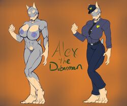 2015 abs badge belt biceps breasts canine clothing doberman female flexing hat kudan7 mammal model_sheet muscles muscular_female necktie nipples pants police police_officer pose pussy red_eyes shirt smile solo uniform