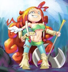 axe bandeau barbara_(rayman) cleavage clothing female greataxe green_clothing grey_eyes headwear helmet human large_breasts miniskirt minus8 missing_tooth pale_skin rayman_(series) red_hair scar scar_on_face tubetop underboob weapon winged_helmet