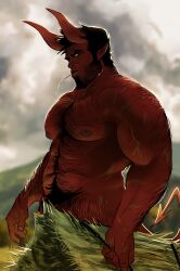 1boy abs bara beard biceps demon demon_horns devil devil_horns hairy_chest hotsatans male male_nipples male_only male_pubic_hair manly mature_male muscular_male nipples nude pecs red_body red_skin tusks