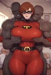 1girls 2boys 2boys1girl ai_generated big_ass big_breasts big_butt big_thighs blush brown_eyes brown_hair dark-skinned_male dark_skin elastigirl female groping groping_breasts groping_from_behind helen_parr huge_ass huge_breasts huge_butt huge_thighs mask muscular muscular_male superhero superheroine the_incredibles wanuze wide_hips