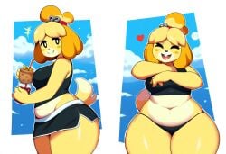 absurd_res ai_generated animal_crossing anthro belly beverage big_breasts blonde_hair blush bottomwear breasts canid canine canis chubby_female closed_eyes clothed clothing cloud domestic_dog female fur hair heart hellsonger hi_res isabelle_(animal_crossing) looking_at_viewer mammal midriff navel nintendo open_mouth overweight potbelly shih_tzu shirt skirt slightly_chubby smile solo thick_thighs topwear toy_dog underwear wide_hips yellow_body yellow_fur