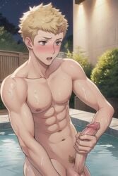 ai_generated blush male_only naked_male outdoor_bathing persona_5 ryuji_sakamoto solo_male stroking_penis