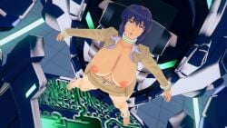 3d cleavage fainted fainting ghost_in_the_shell huge_breasts koikatsu_(medium) kusanagi_motoko medium_breasts peppaabokkusu purple_hair restrained solo stationary_restraints unconscious