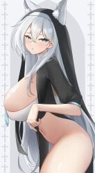 abydos_high_school_student alternate_costume animal_ear_fluff animal_ears black_jacket black_veil blue_archive blue_eyes bottomless breasts cropped_jacket extra_ears female grey_hair hair_between_eyes highres huge_breasts jacket jinmuxi_(user_pvha4443) long_hair looking_at_viewer navel nun shiroko_(blue_archive) shiroko_(terror)_(blue_archive) solo thighs veil wolf_ears wolf_girl