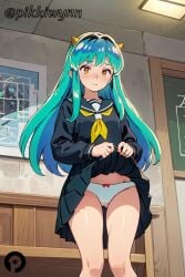 ai_generated ass_visible_through_thighs black_serafuku black_skirt blush bow bow_panties closed_mouth clothes_lift female green_hair horns indoors lifted_by_self long_hair long_sleeves looking_at_viewer lum neckerchief oni oni_horns orange_eyes panties pikkiwynn pleated_skirt pointy_ears sailor_collar school_uniform serafuku shirt skirt skirt_lift solo thighs underwear urusei_yatsura white_panties yellow_neckerchief