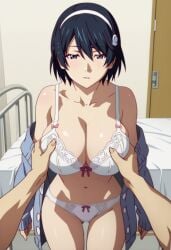 1girls ai_generated bare_shoulders big_breasts black_hair bra breast_grab breasts female gastkeser82 grabbing_breasts hospital hospital_bed huge_breasts large_breasts navel open_clothes original panties pov stomach underwear white_bra white_panties