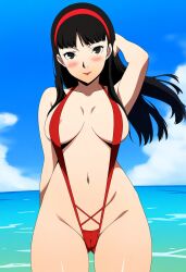 1girls ai_generated alternate_costume amagi_yukiko atlus beach black_hair black_hair_female breasts female female_focus female_only hairband light-skinned_female light_skin long_hair long_hair_female looking_at_viewer megami_tensei nai_diffusion persona persona_4 pinup red_sling_bikini ryu_ai sega sling_bikini solo solo_female solo_focus stable_diffusion swimsuit