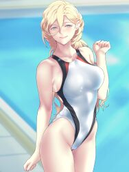 1girls adult adult_female arm_behind_back arm_up bare_armpits bare_arms bare_hands bare_hips bare_legs bare_shoulders bare_skin bare_thighs bikini blonde_eyebrows blonde_female blonde_hair blonde_hair_female blue_eyes blue_eyes_female blurred_background blurry_background blush blushing_female braid braided_hair breasts collarbone crown_braid curvy curvy_body curvy_female curvy_figure curvy_hips daytime dot_nose elbows exposed exposed_legs exposed_shoulders exposed_thighs female female_focus female_only fingernails fingers grin groin hair_between_eyes hand_behind_back hand_up high_resolution highres kantai_collection large_breasts legs legs_together legs_together_feet_apart light-skinned_female light_skin lips long_hair looking_at_viewer mature mature_female mole mole_under_eye mole_under_mouth one-piece_swimsuit outdoor outdoors outside ponytail pussy richelieu_(kantai_collection) shingyo shingyou_(alexander-13) shoulders slender_body slender_waist slim_girl slim_waist smile smiley_face smiling_at_viewer solo standing swimsuit swimwear thick_thighs thighs thin_waist upper_body v-line white_bikini white_one-piece_swimsuit white_swimsuit white_swimwear wide_hips