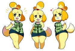 absurd_res ai_generated animal_crossing anthro barefoot blonde_hair blush blush_stickers bottomwear breasts canid canine canis clothed clothing domestic_dog feet female fur hair heart hellsonger hi_res isabelle_(animal_crossing) looking_at_viewer mammal nintendo open_mouth open_smile pencil_skirt shih_tzu simple_background skirt smile teeth thick_thighs topwear toy_dog white_background wide_hips yellow_body yellow_fur