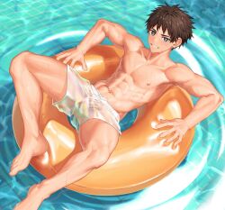 1boy abs arm_support barefoot blue_eyes blush brown_hair bulge caustics collarbone commentary_request crotch_seam day drawstring feet from_above grin half-erect highres innertube looking_at_viewer lying male_focus male_swimwear navel nayoshi_(r-744) nervous_smile nipples on_back on_innertube orange_innertube original outdoors paid_reward_available pectorals penis pool ripples see-through short_hair smile solo spiked_hair spread_legs swim_ring swim_trunks testicles toned toned_male variant_set wet white_male_swimwear